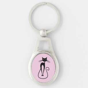 Whimsical Skinny Black Cat Roze Sleutelhanger
