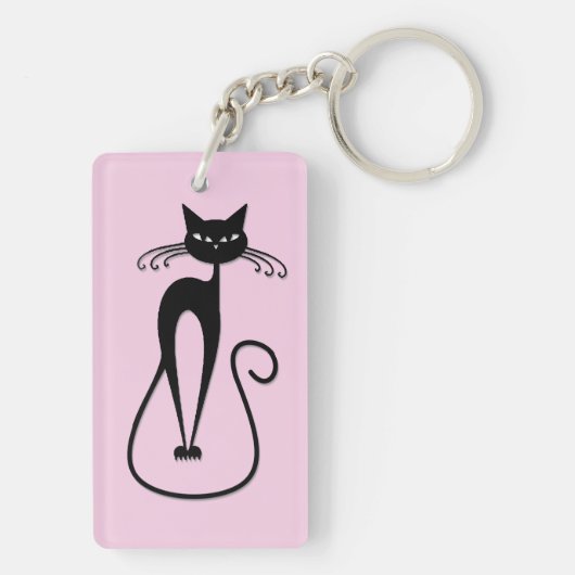 Whimsical Skinny Black Cat Roze Sleutelhanger (achterkant)