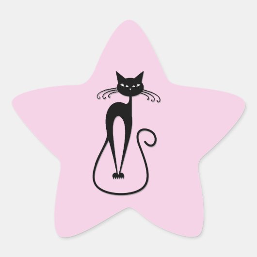 Whimsical Skinny Black Cat Roze Ster Sticker (Voorkant)
