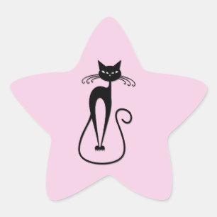 Whimsical Skinny Black Cat Roze Ster Sticker