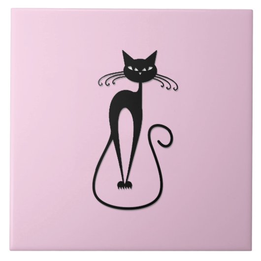 Whimsical Skinny Black Cat Roze Tegeltje (Voorkant)