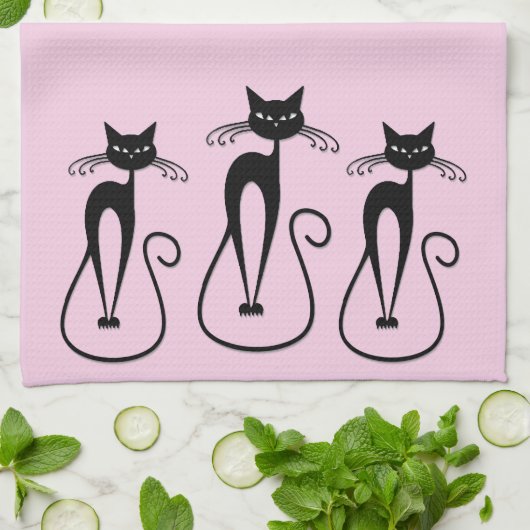 Whimsical Skinny Black Cat Roze Theedoek (Gevouwen)
