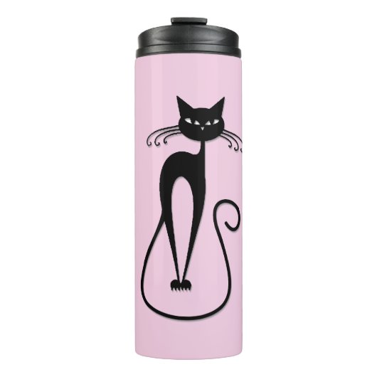Whimsical Skinny Black Cat Roze Thermosbeker (Voorkant)