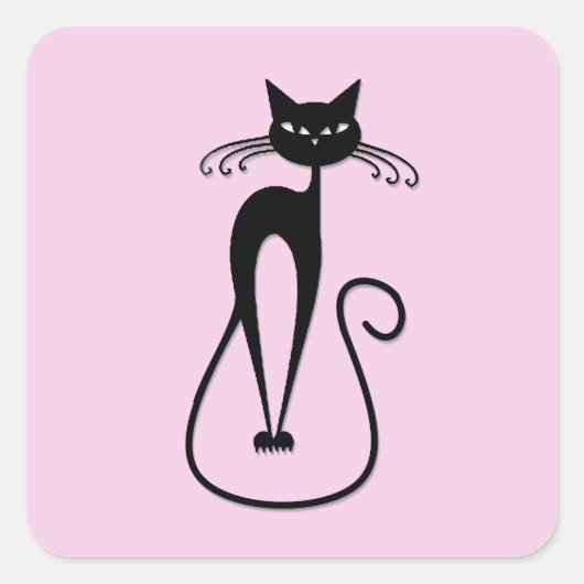Whimsical Skinny Black Cat Roze Vierkante Sticker (Voorkant)