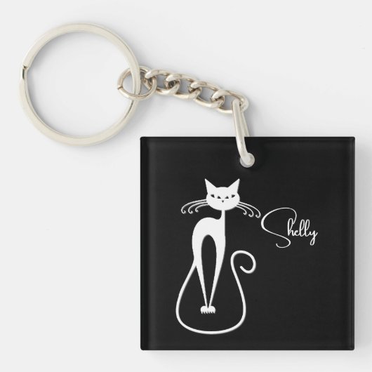 Whimsical Skinny White Cat Persoonlijk Sleutelhanger (Voorkant)