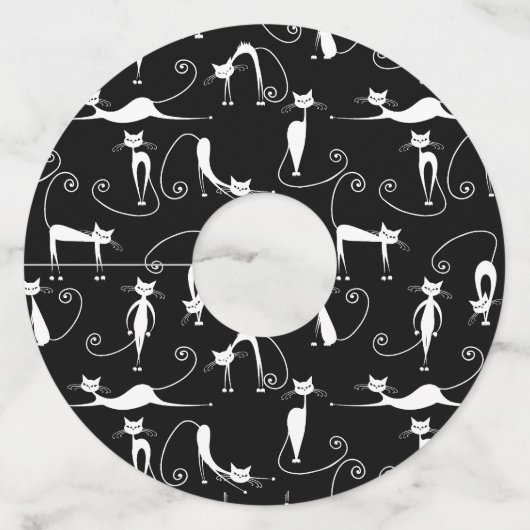 Whimsical Skinny wit kattenpatroon Wijnglaslabel (Voorkant)