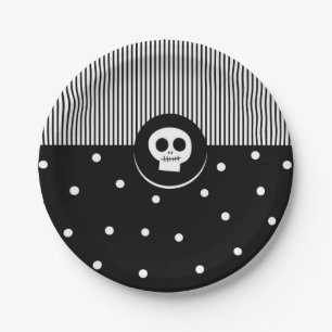 Whimsical Skull Black & White Polka Dots & Stripes Papieren Bordje