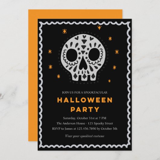 Whimsical Skull Halloween Party Kaart (Voorkant / Achterkant)