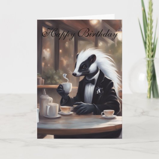 Whimsical Skunk in a coffee shop birthday Kaart (Voorkant)