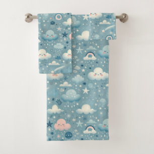 Whimsical Sky Pattern met wolken, sterren - Blauw Bad Handdoek