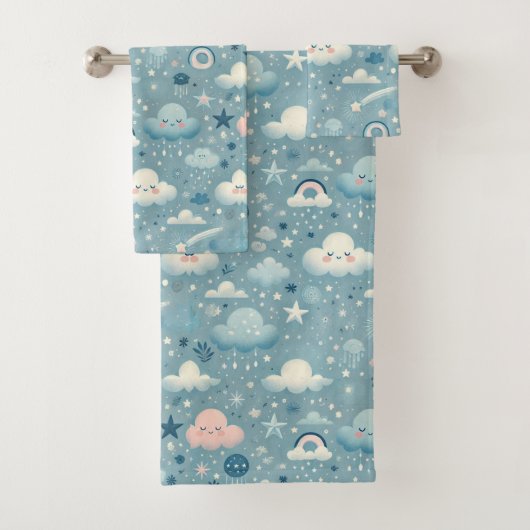 Whimsical Sky Pattern met wolken, sterren - Blauw Bad Handdoek (Insitu)