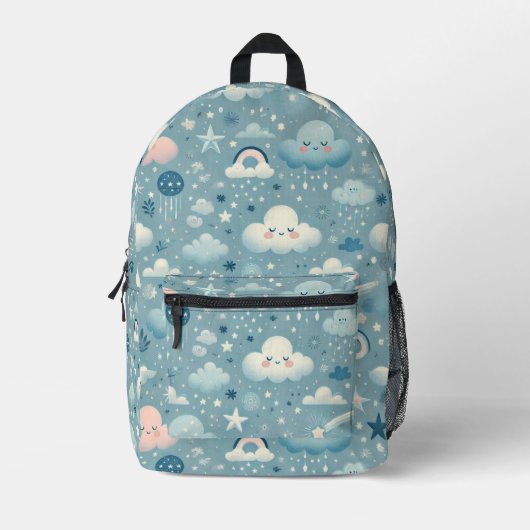 Whimsical Sky Pattern met wolken, sterren - Blauw Bedrukte Rugzak (Voorkant)
