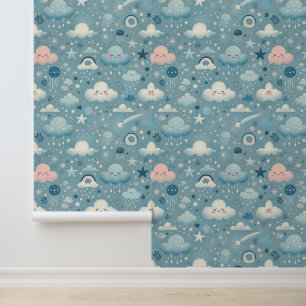 Whimsical Sky Pattern met wolken, sterren - Blauw Behang