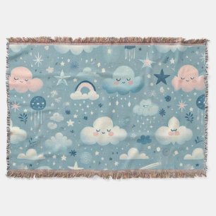 Whimsical Sky Pattern met wolken, sterren - Blauw Deken