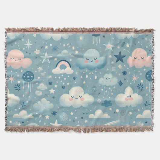 Whimsical Sky Pattern met wolken, sterren - Blauw Deken (Voorkant)