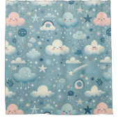 Whimsical Sky Pattern met wolken, sterren - Blauw Douchegordijn (Voorkant)