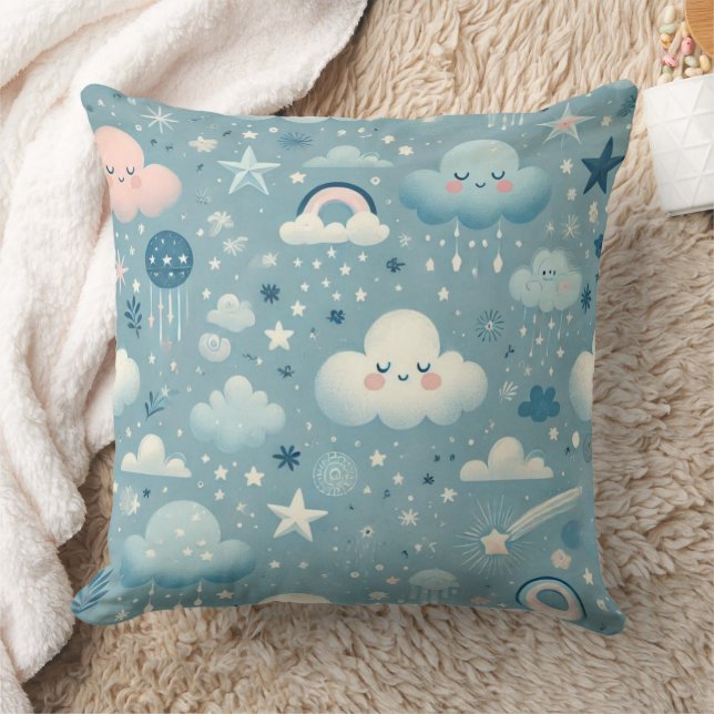 Whimsical Sky Pattern met wolken, sterren - Blauw Kussen (Deken)