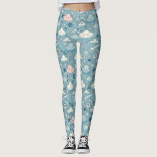 Whimsical Sky Pattern met wolken, sterren - Blauw Leggings