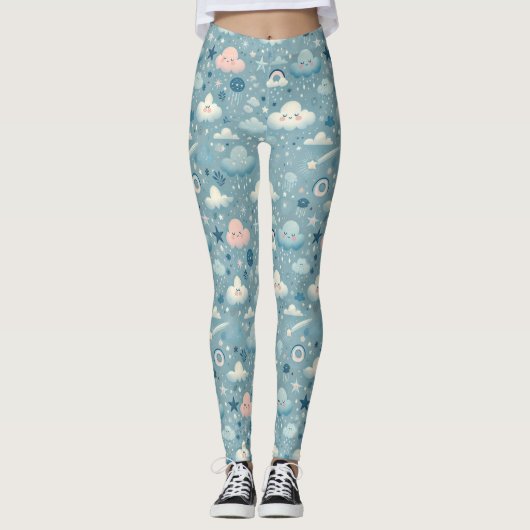 Whimsical Sky Pattern met wolken, sterren - Blauw Leggings (Voorkant)