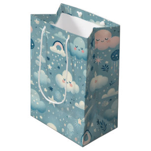 Whimsical Sky Pattern met wolken, sterren - Blauw Medium Cadeauzakje