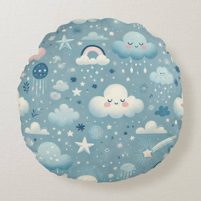 Whimsical Sky Pattern met wolken, sterren - Blauw Rond Kussen (Voorkant)