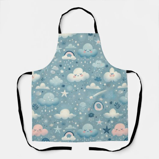 Whimsical Sky Pattern met wolken, sterren - Blauw Schort (Voorkant)