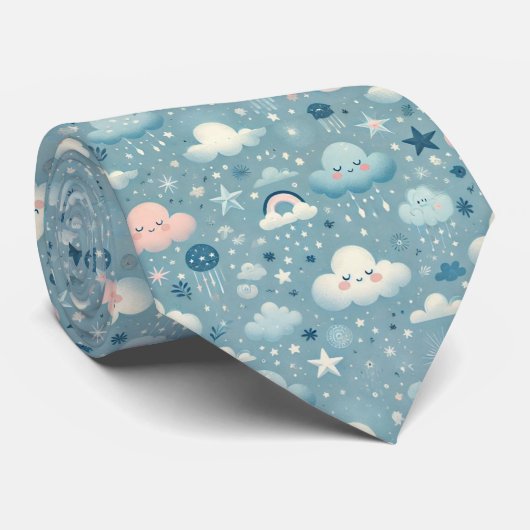 Whimsical Sky Pattern met wolken, sterren - Blauw Stropdas (Opgerold)