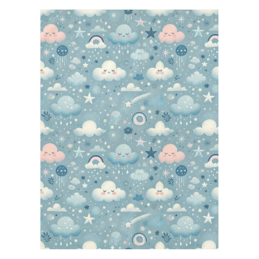 Whimsical Sky Pattern met wolken, sterren - Blauw Tafelkleed (Voorkant)