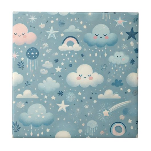 Whimsical Sky Pattern met wolken, sterren - Blauw Tegeltje (Voorkant)