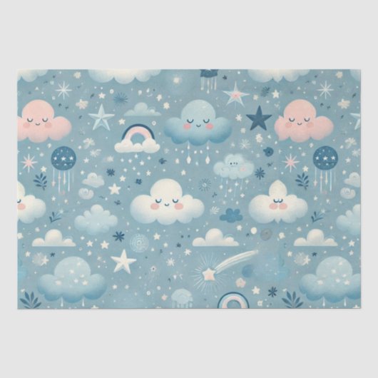 Whimsical Sky Pattern met wolken, sterren - Blauw Tissuepapier (Voorkant)