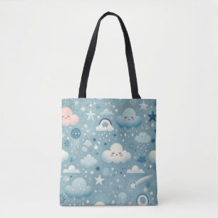 Whimsical Sky Pattern met wolken, sterren - Blauw Tote Bag