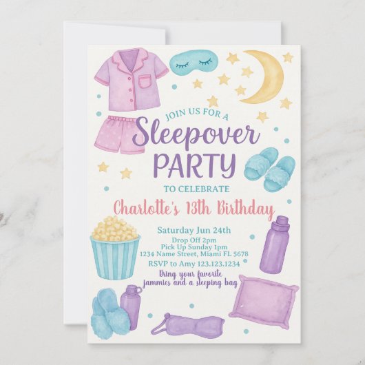 Whimsical Sleepover Party verjaardagsuitnodiging Kaart (Voorkant)