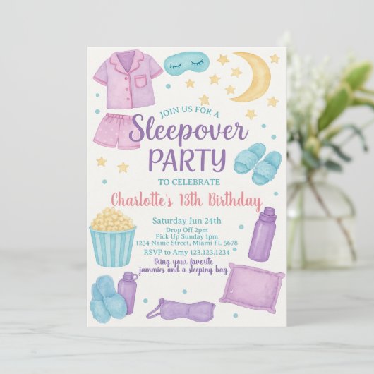 Whimsical Sleepover Party verjaardagsuitnodiging Kaart (Staand voorkant)