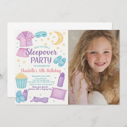 Whimsical Sleepover Party verjaardagsuitnodiging Kaart (Voorkant / Achterkant)