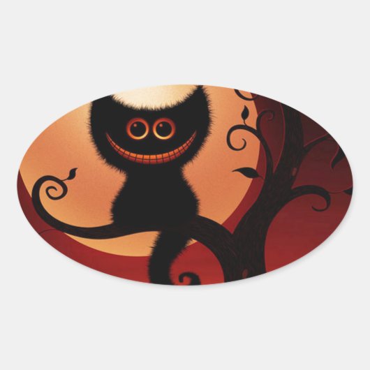 Whimsical Smilting Black Cat Ovale Sticker (Voorkant)