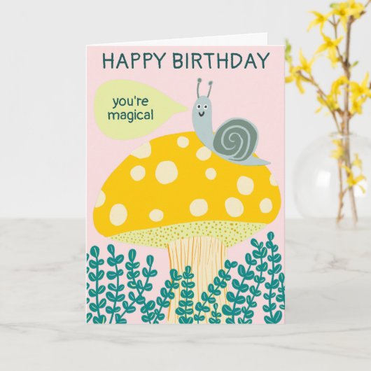 Whimsical Snail on Magical Mushroom CUSTOM Bday Kaart (Gele Bloem)