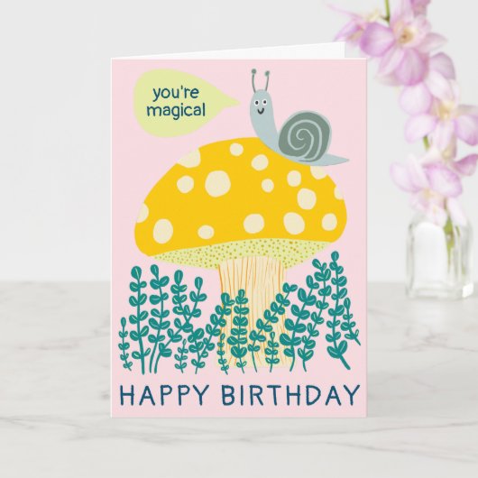 Whimsical Snail on Magical Mushroom CUSTOM Bday Kaart (Orchidee)
