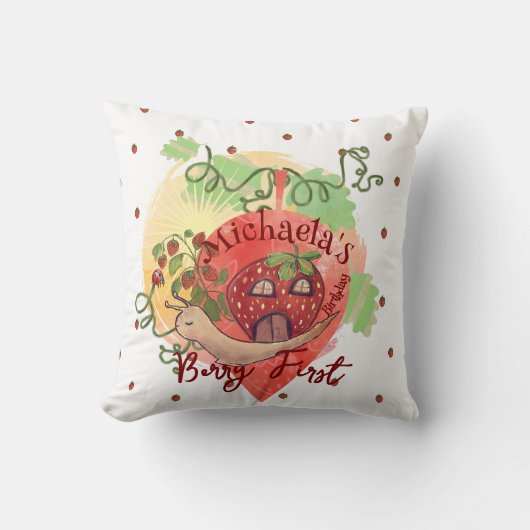 Whimsical Snail & Strawberry 1e verjaardag Kussen (Voorkant)
