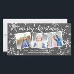 Whimsical Snapshot Merry Kerstfeestdag Foto Feestdagenkaart<br><div class="desc">Verspreid de liefde van dit vakantieseizoen met deze volledig aangepaste vakantiefootkaart die 3 foto's en handgetekende sneeuwvlokken op een krijtbordachtergrond bevat.</div>