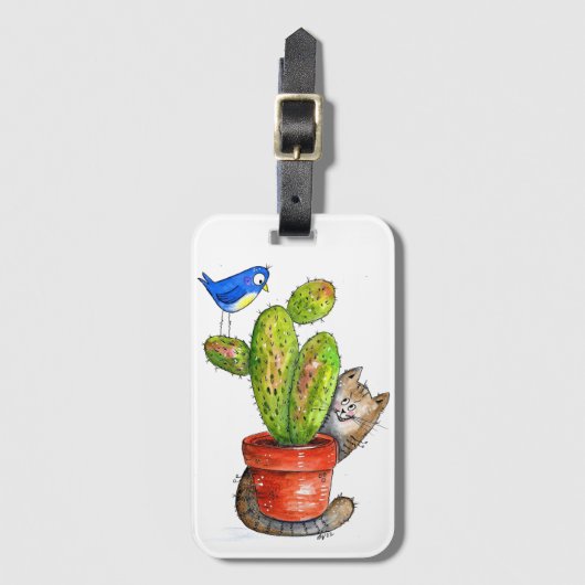 Whimsical Sneaky Cat met Cactus Bagagelabel (Voorkant (verticaal))
