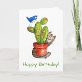 Whimsical Sneaky Cat met Cactus Kaart (Voorkant)