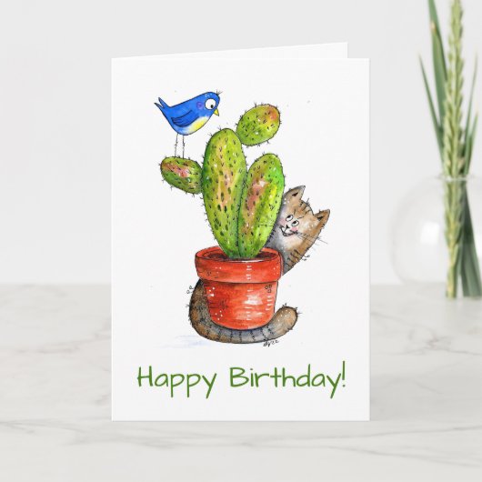 Whimsical Sneaky Cat met Cactus Kaart (Voorkant)