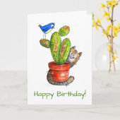 Whimsical Sneaky Cat met Cactus Kaart (Gele Bloem)
