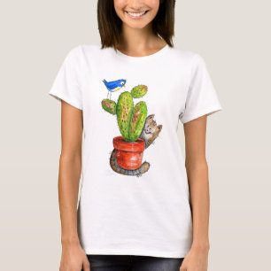 Whimsical Sneaky Cat met Cactus T-shirt