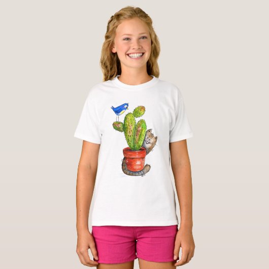 Whimsical Sneaky Cat met Cactus T-shirt (Voorkant volledig)