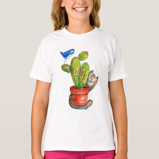 Whimsical Sneaky Cat met Cactus T-shirt (Voorkant)