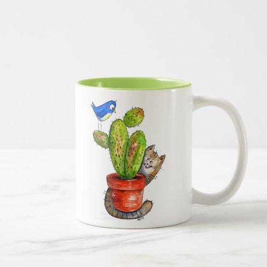 Whimsical Sneaky Cat met Cactus Tweekleurige Koffiemok (Rechts)