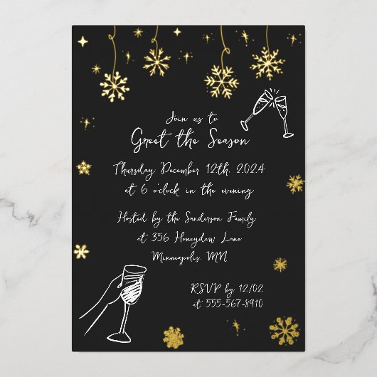 Whimsical Sneeuw Kerstvakantie Winterfeest Folie Uitnodiging (Voorkant)