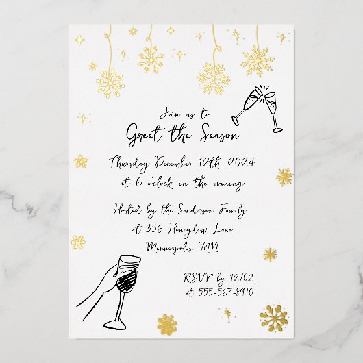 Whimsical Sneeuw Kerstvakantie Winterfeest Folie Uitnodiging (Voorkant)