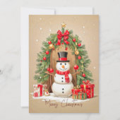 Whimsical Sneeuwman Onder Feestelijke Krans Vakant Feestdagenkaart (Voorkant)